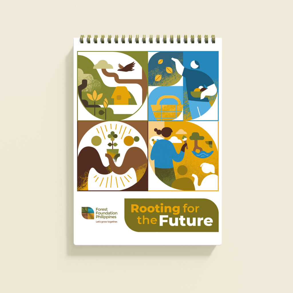 A mockup of a notebook promoting Forest Foundation Philippines' Results Framework 2023-2027